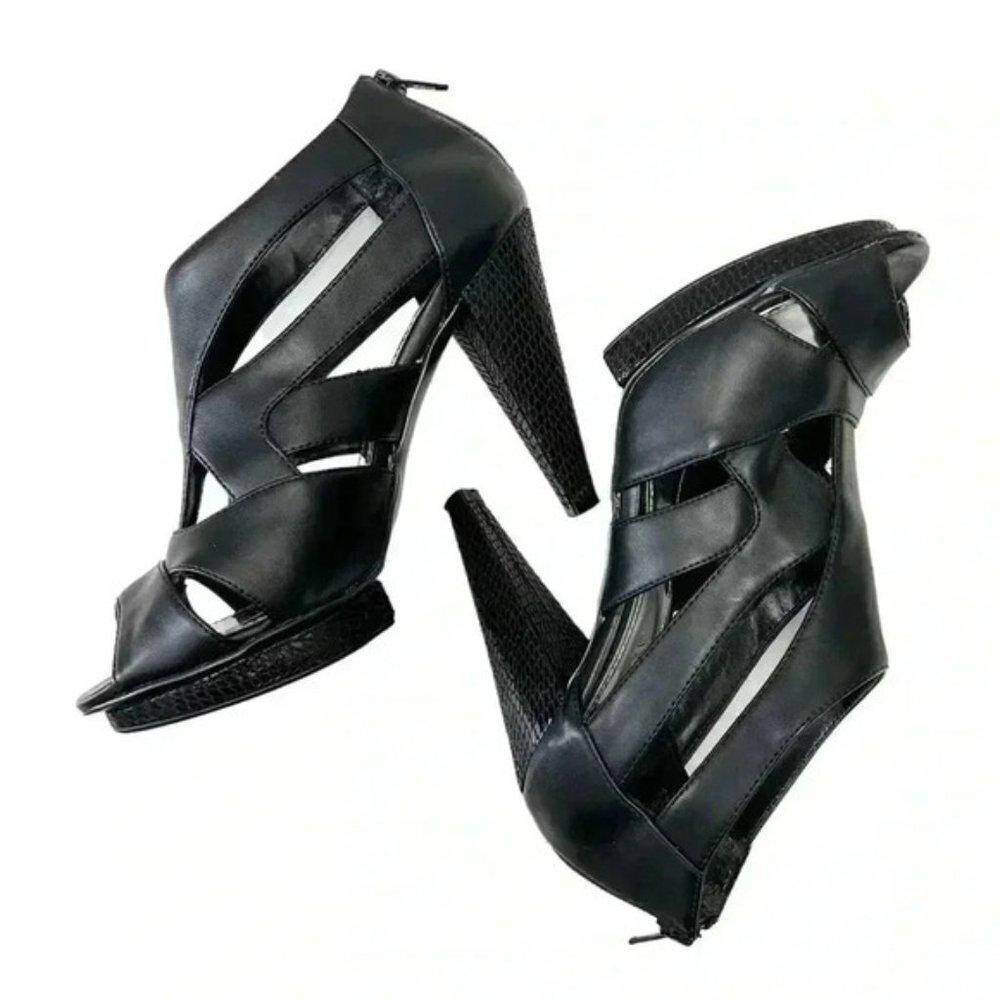 Expression Chunky Platform Caged High Heel Y2K Shoes Black Faux Leather Size 7 - Picture 14 of 16